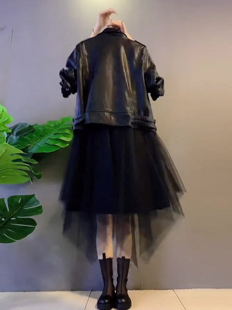 Fat Sister Trendy 2021 Autumn New Large Size Women's Loose Jacket Leather Jacket Metal Base Mesh Dress