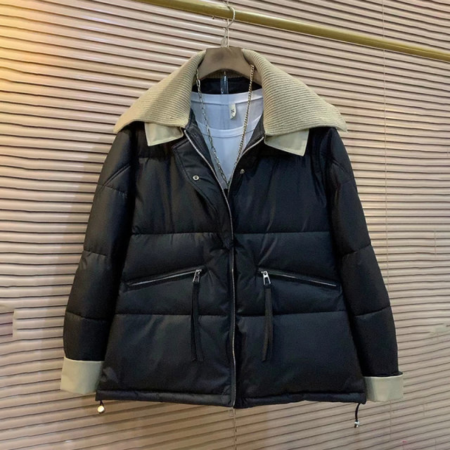 New winter style slimming and meat-covering fashionable large-size women's clothing fashionable contrasting color spliced ​​shawl collar high-quality cotton jacket