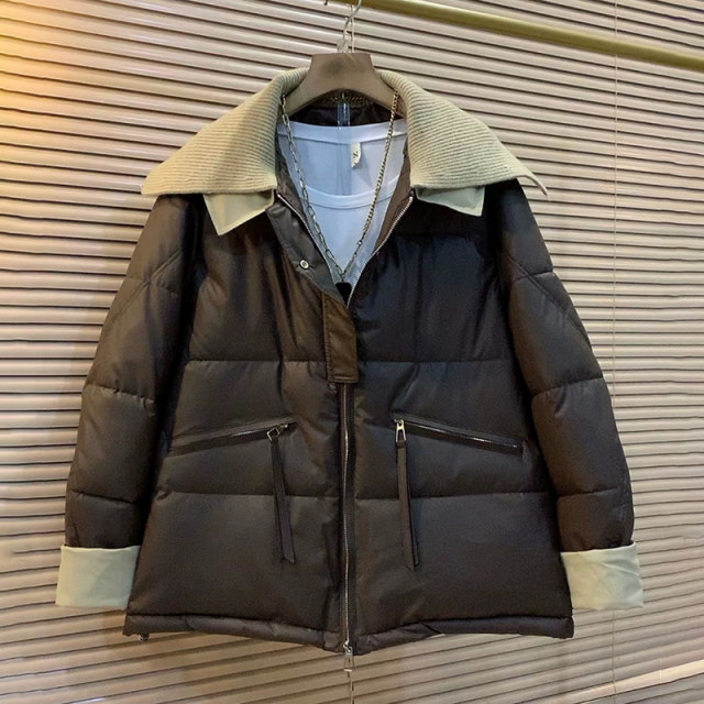 New winter style slimming and meat-covering fashionable large-size women's clothing fashionable contrasting color spliced ​​shawl collar high-quality cotton jacket
