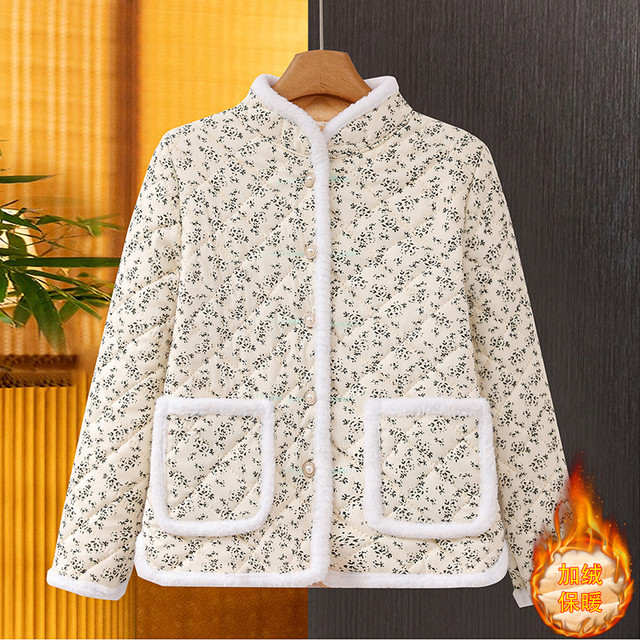 Middle-aged and elderly autumn and winter cotton coats with velvet and thickening for mothers, large-size loose floral cotton-padded jackets with stand-up collars
