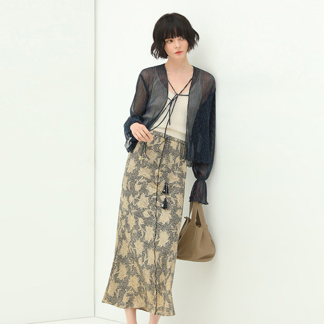 COCOBELLA freehand printed tassel ribbon skirt silky satin fishtail skirt HS122