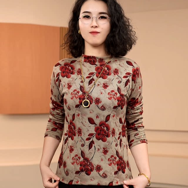 2025 autumn new half-high neck printed base shirt mother suit long-sleeved T-shirt slim and warm top for women