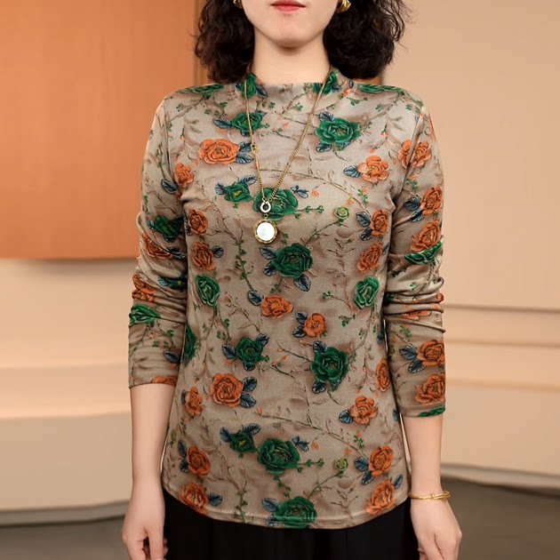 2025 autumn new half-high neck printed base shirt mother suit long-sleeved T-shirt slim and warm top for women