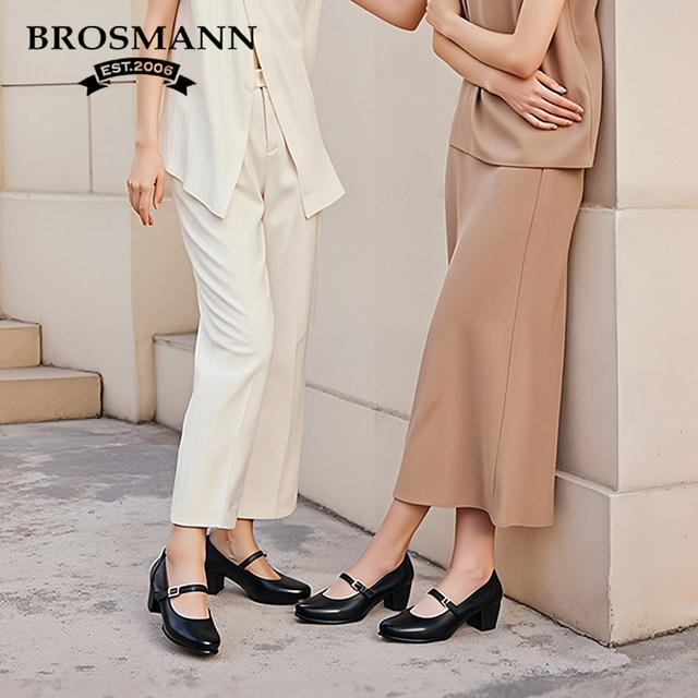 Baoshuman genuine leather Mary Jane shoes for women new thick high heels cowhide soft sole commuting retro leather shoes shallow mouth single shoes