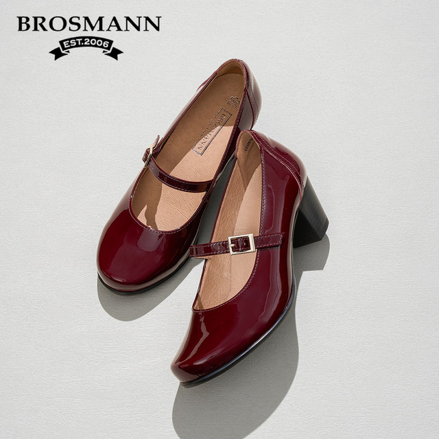 Baoshuman genuine leather Mary Jane shoes for women new thick high heels cowhide soft sole commuting retro leather shoes shallow mouth single shoes
