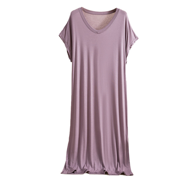 Modal V -neck short -sleeved long skirt Female summer thin cooling nightdress large size loose outer wearing casual skirt dress