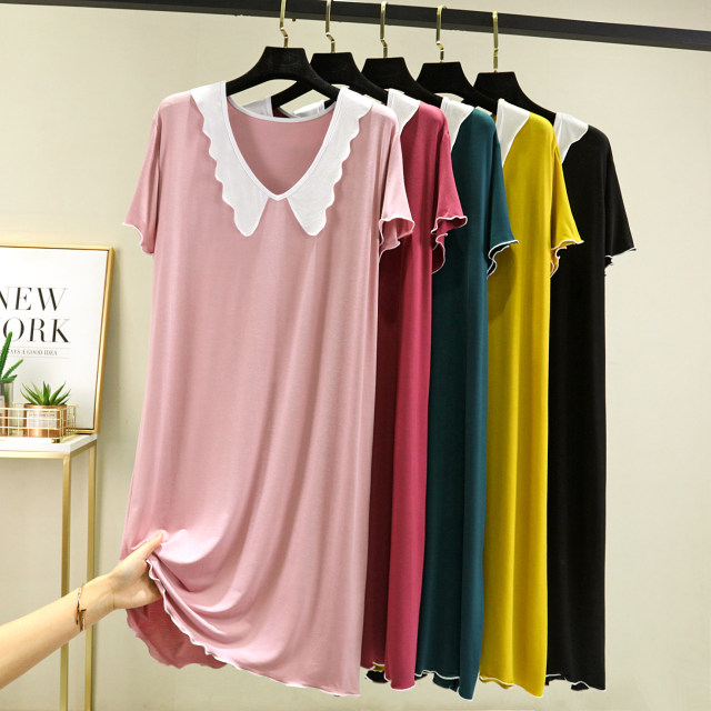 Modal V -neck short -sleeved dress female summer casual thin home nightdress loose large size over -the -knee A -line long skirt