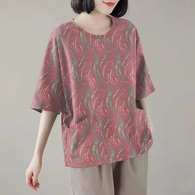 100% pure cotton round neck mid-cuff pocket T-shirt printed Korean style fashionable versatile loose women's high-end shirt for women