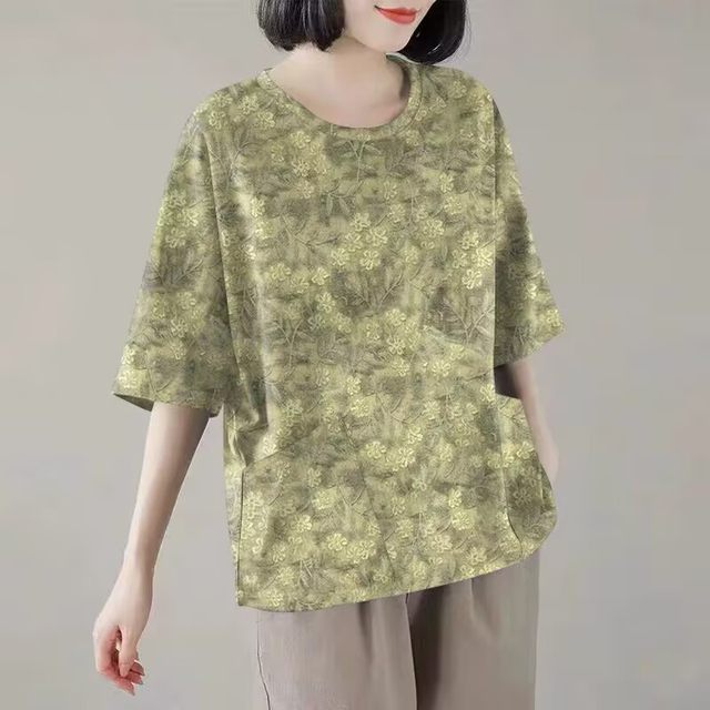 100% pure cotton round neck mid-cuff pocket T-shirt printed Korean style fashionable versatile loose women's high-end shirt for women