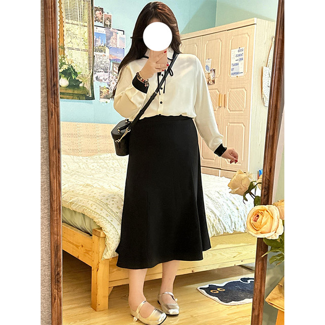 Interview commuting outfit fishtail skirt for women in autumn, slightly fat mm large size high waist belly cover suit hip mid-length skirt