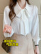 Spring and summer interview bow white shirt women's large size high-end professional shirt French streamer lantern sleeve top
