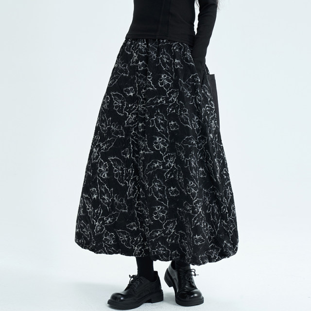 Lu and Yamamoto's dark front and back wear pleated printed texture versatile skirt black A-line pleated skirt