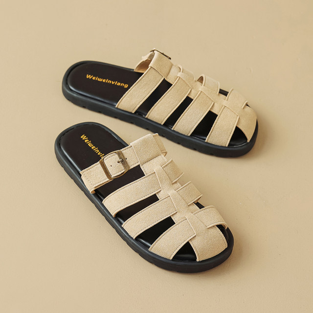 Roman woven half-slippers for women flat sole wear summer hollowed-out pig cage shoes lazy sandals large size 4143