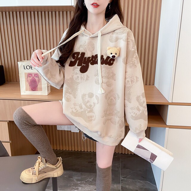 Design sense cartoon age-reducing hooded sweatshirt for women with autumn and winter plus velvet thickened loose large size junior high school students top