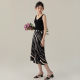 one more small high-waisted a-line skirt for women's summer new high-end temperament striped slit skirt
