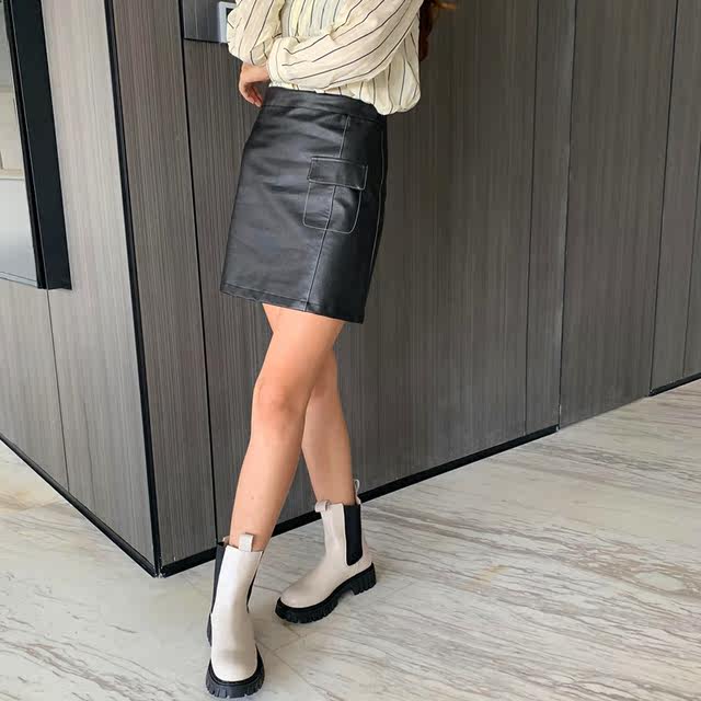 2024 half-height waist a-line skirt PU leather skirt commuter open line decoration large-size autumn and winter short skirt hot selling internet celebrity
