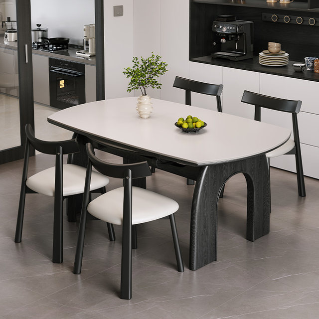 Xinbaili rock table, small household apartment, 2025 new retractable dining table, medieval style solid wood variable round table