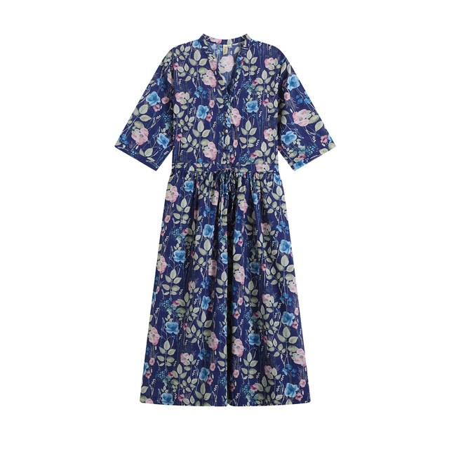 Van Gogh's new V-neck full-cotton printed floral loose large-size lace-up short-sleeved literary dress for women
