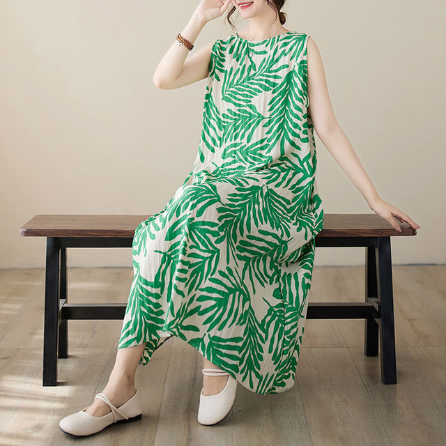 Artistic temperament cotton and linen sleeveless dress for women in summer, women's summer print loose slim linen vest vacation long skirt
