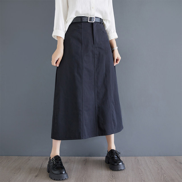 Retro wash cotton work skirt for women in spring and autumn new fashionable high waist mid-length A-line one-step skirt
