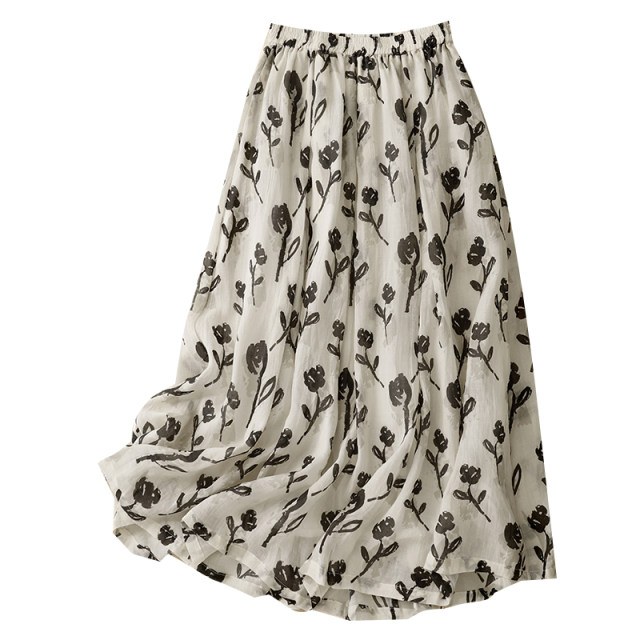 Retro printed cotton and linen skirt for women in summer thin elastic waist slimming mid-length drooping flowing a-line umbrella skirt
