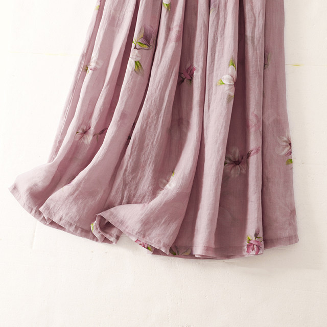 New Chinese style printed cotton and linen skirt for women in 2024 summer new loose and flowing drooping A-line umbrella skirt trendy