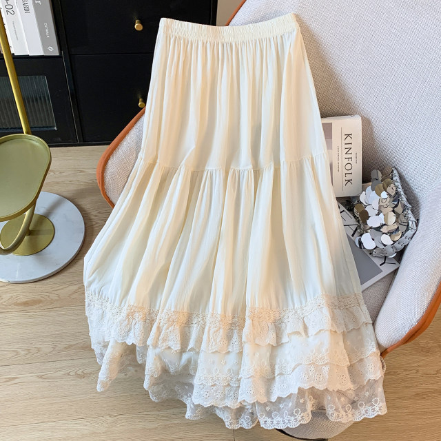Sweet lace spliced ​​white skirt for women in spring and summer mid-length super fairy temperament A-line cake skirt