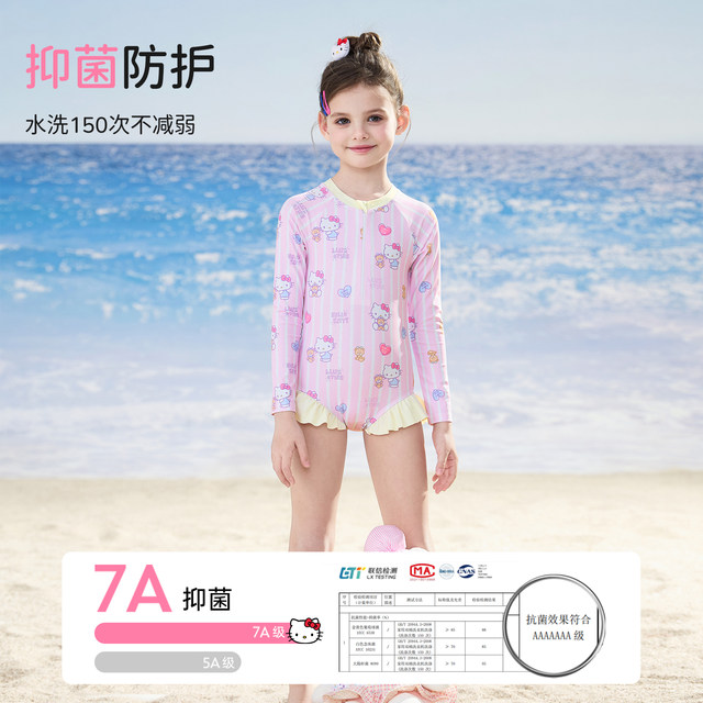 Hellokitty children's swimsuit female 2025 new medium and large children's one-piece long-sleeved sun protection quick-drying girl's swimsuit