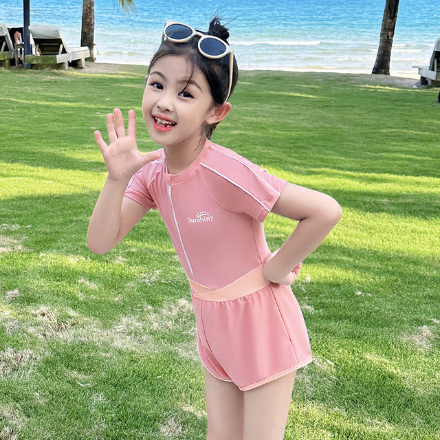 Girls swimsuit one-piece high-end sweet and fashionable medium-sized children quick-drying professional girls sun protection hot spring swimming suit children
