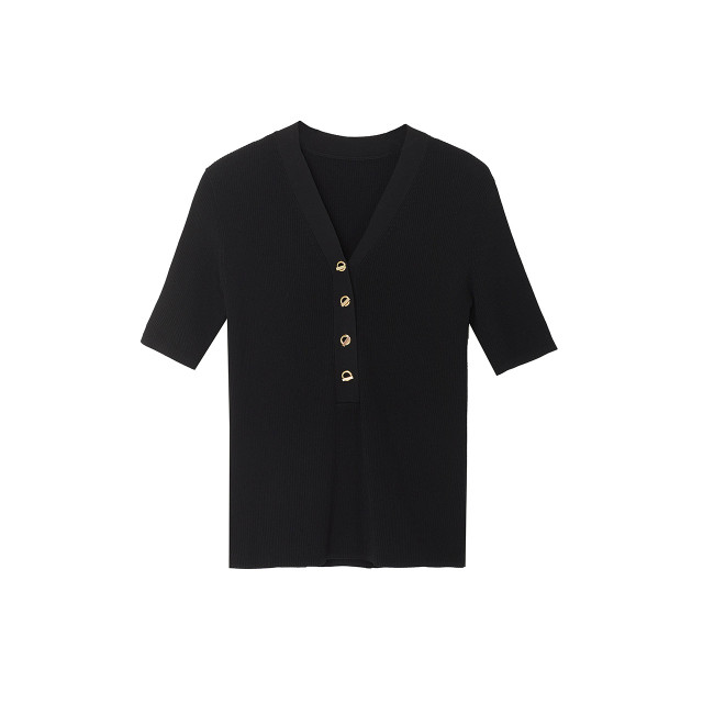 Langzi French thin V-neck knitted cardigan short-sleeved women's spring and summer new high-end inner T-shirt bottoming shirt top