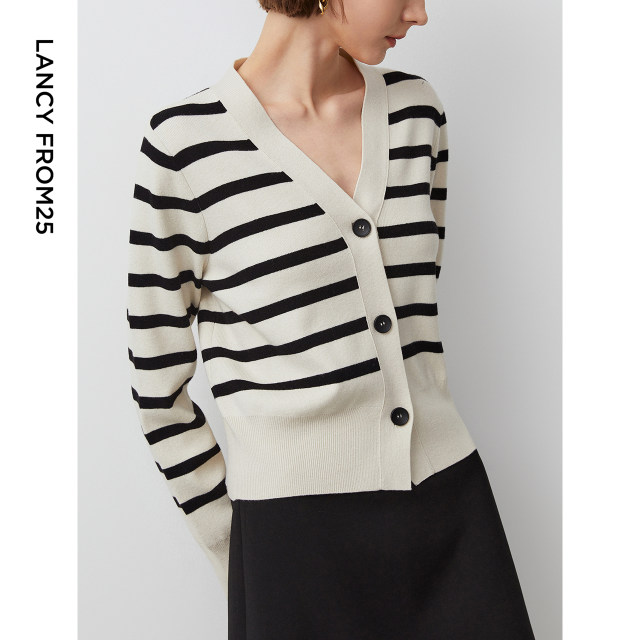 Langzi French retro striped wool sweater temperament Verithful repair long sleeve casual cardigan jacket jacket winter