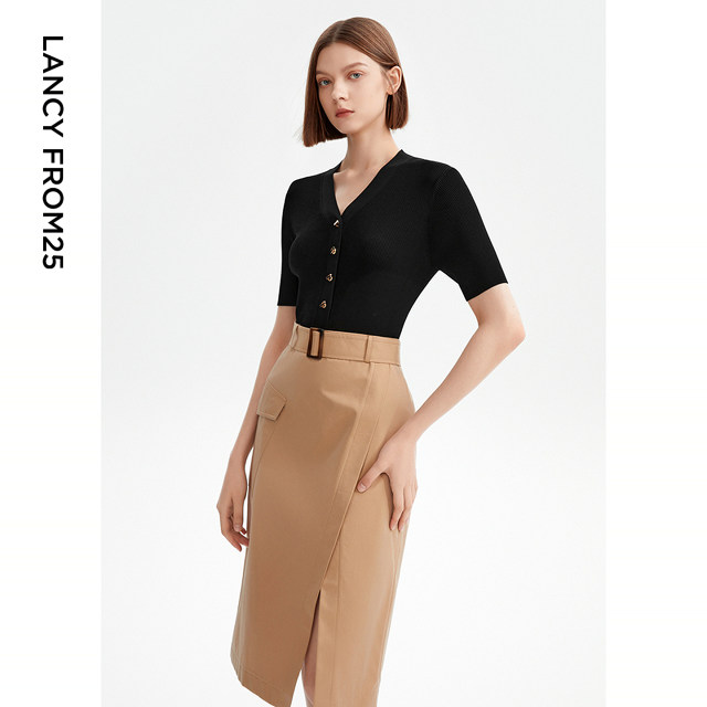 Langzi French thin V-neck knitted cardigan short-sleeved women's spring and summer new high-end inner T-shirt bottoming shirt top