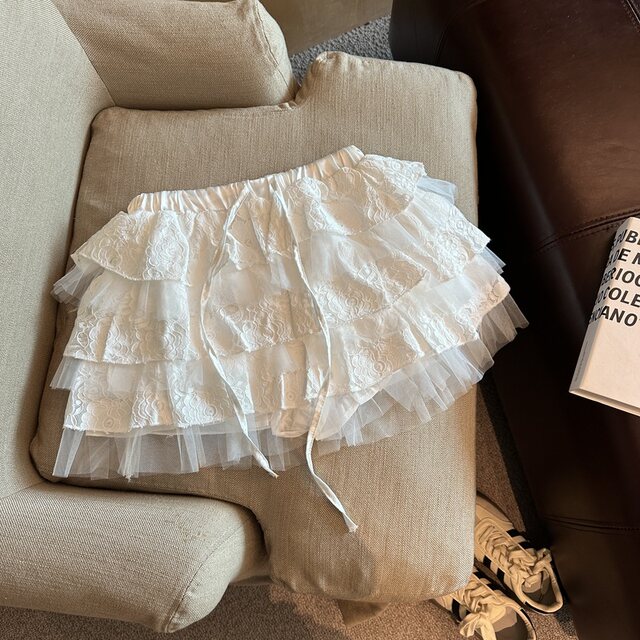 Sweet girl-style elastic high waist fluffy lace skirt summer new lace mesh spliced ​​A-line skirt
