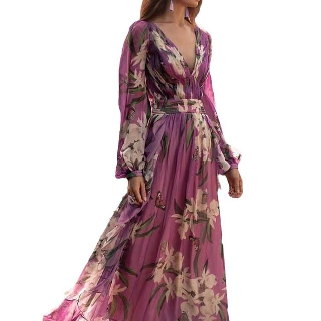
2025 cross-border summer new style foreign trade printed women's dress Amazon V-neck long-sleeved large hem skirt for women