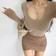 Windmill and Spear European and American style low-cut U round neck tight long-sleeved T-shirt for women thin velvet base shirt short turtle top