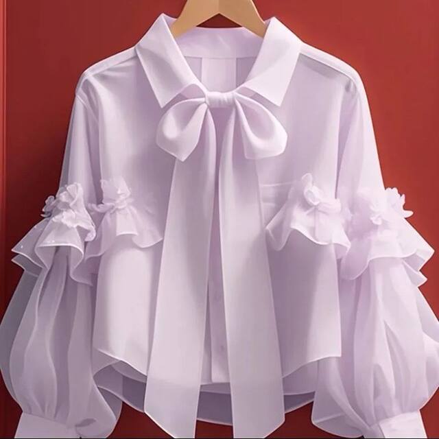 White high-end chiffon shirt 2024 new early autumn sweet niche unique temperament bow long-sleeved top
