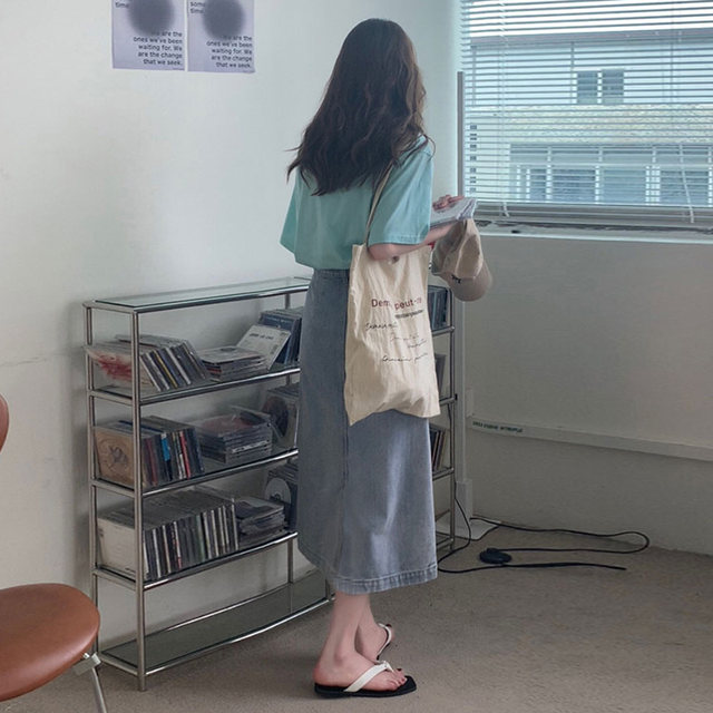 Homemade sweet Japanese high-waisted front slit trendy denim skirt for female students looking slim mid-length straight A-line skirt