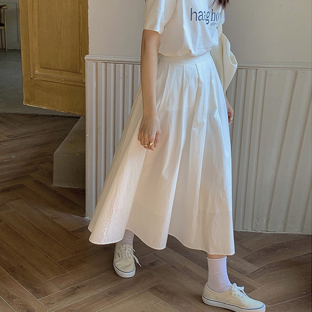 Homemade sweet Japanese white high -waisted skirt female summer French literary student work style mid -length A -line skirt