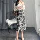 Chinese style skirt for women in spring and autumn fork hip-wrapped one-step skirt large size high waist slim ink jacquard straight long skirt summer

