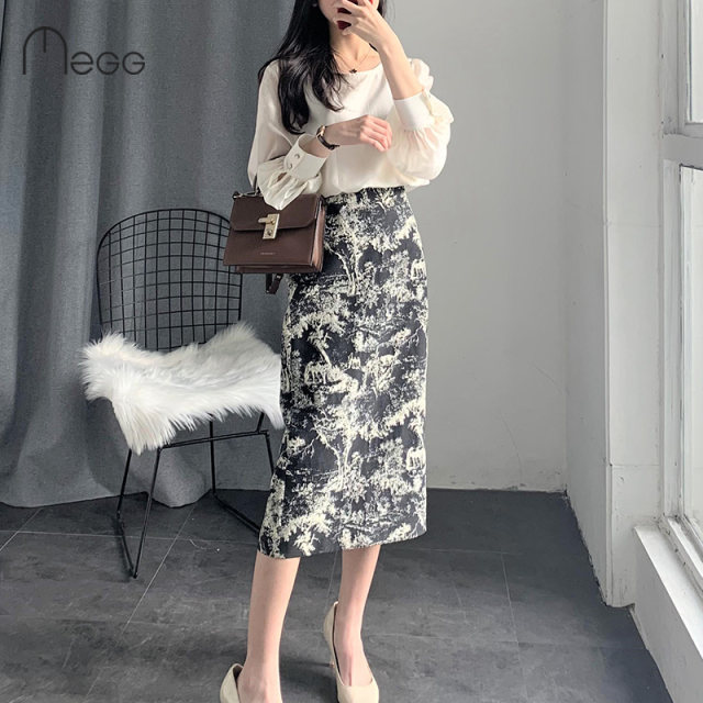 Chinese style skirt for women in spring and autumn fork hip-wrapped one-step skirt large size high waist slim ink jacquard straight long skirt summer
