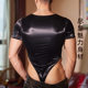 European and American sexy men's leather jumpsuit bag separate thin transparent tight tight thong jumpsuit men