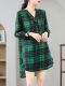 Fashionable plaid V-neck shirt for women fat girl loose large size five-point sleeve top casual mid-length summer shirt

