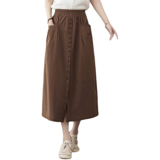 Large size cotton and linen skirt for women summer mid-length 2024 new versatile high-waisted single-breasted casual slit a-line skirt