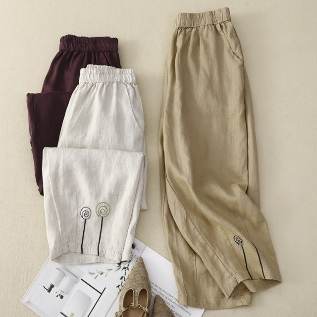 New summer 2024 solid color cotton and linen harem pants for women, slim and versatile elastic waist embroidered loose casual cropped pants