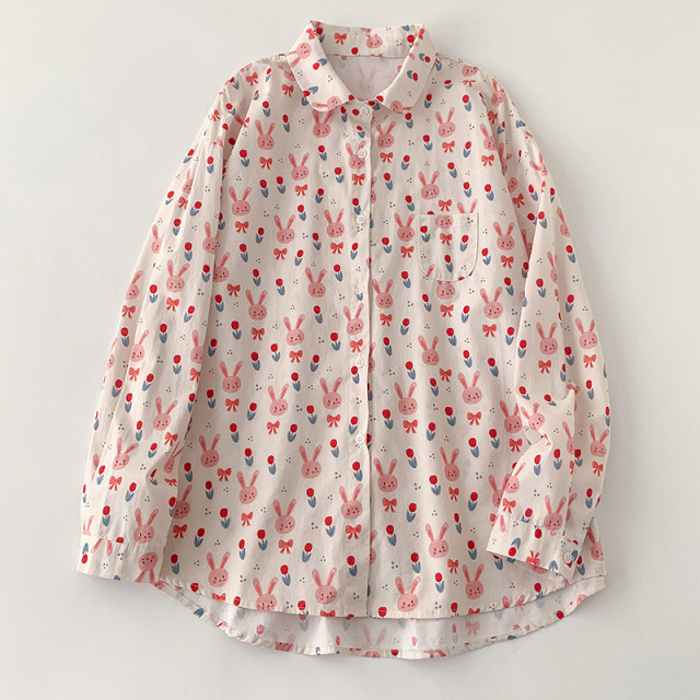Large size fat girl slimming belly-covering shirt for women 2025 spring new loose Korean version cartoon printed long-sleeved top