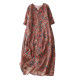 2024 summer new cotton and linen short-sleeved dress for women V-neck embroidered midi skirt retro ramie printed skirt