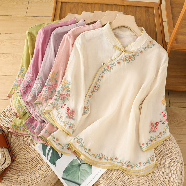 New Chinese retro embroidery cotton and linen tea clothing literary and artistic national wind, national wind, peony embroidered top, loose stand -up neck shirt
