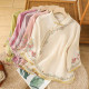 New Chinese retro embroidery cotton and linen tea clothing literary and artistic national wind, national wind, peony embroidered top, loose stand -up neck shirt
