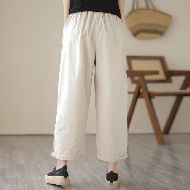 Japanese age-reducing patch embroidered wide-leg pants for women 2024 summer loose large size elastic waist casual straight nine-point pants