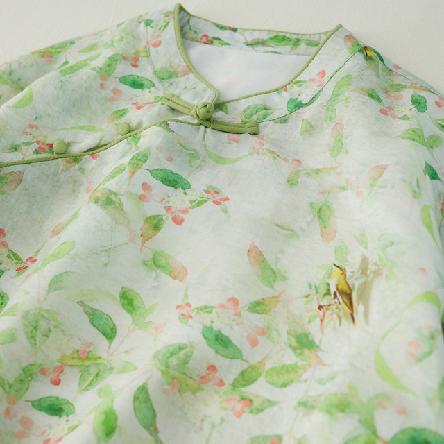 2024 summer new retro slanted placket v-neck skirt for women mid-length cotton and linen printed 7-quarter sleeve dress